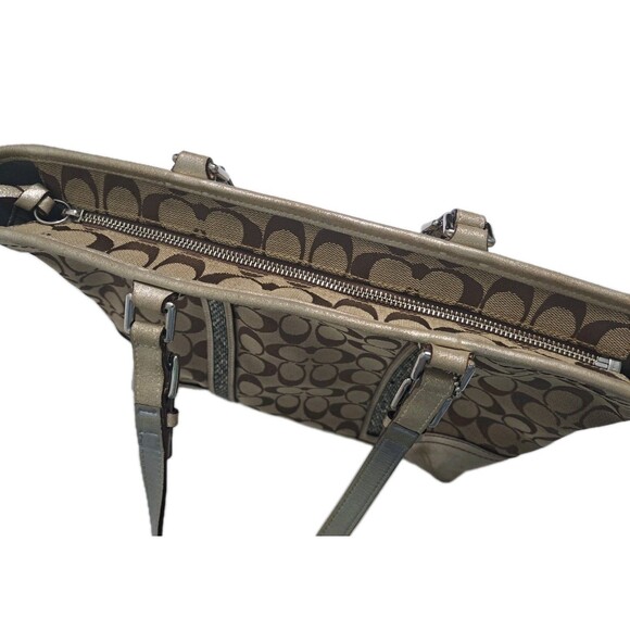 Coach Signature C Khaki Tote Jacquard Beaded Shoulder Bag Gold Brown F05J-8K52 - Picture 10 of 13